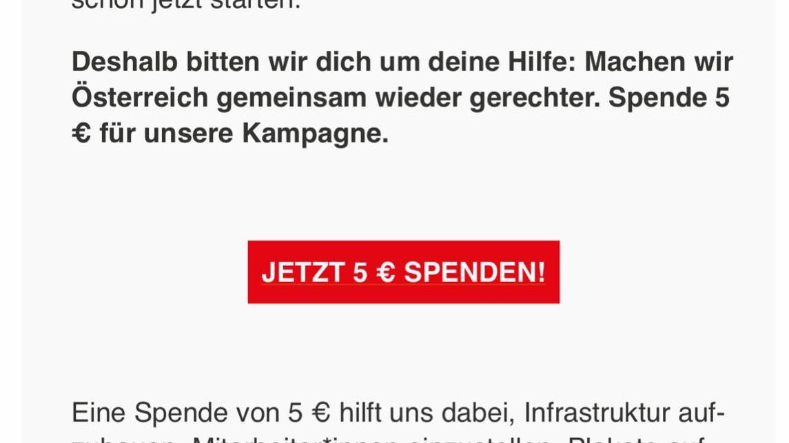In dieser E-Mail bittet die SPÖ ihre Mitglieder um Hilfe.