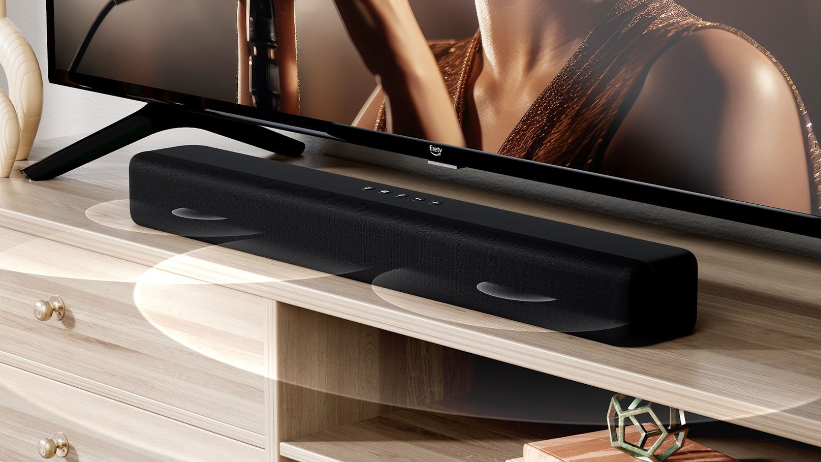 Die Fire TV Soundbar verfügt über duale Lautsprecher, die mit Unterstützung für DTS Virtual:X und Dolby Audio ein immersives 3D-Sound-Erlebnis bieten.