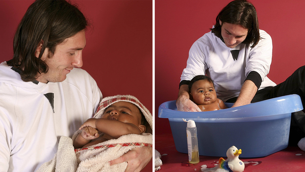 Lionel Messi badet den damals sechs Monate alten Lamine Yamal. 