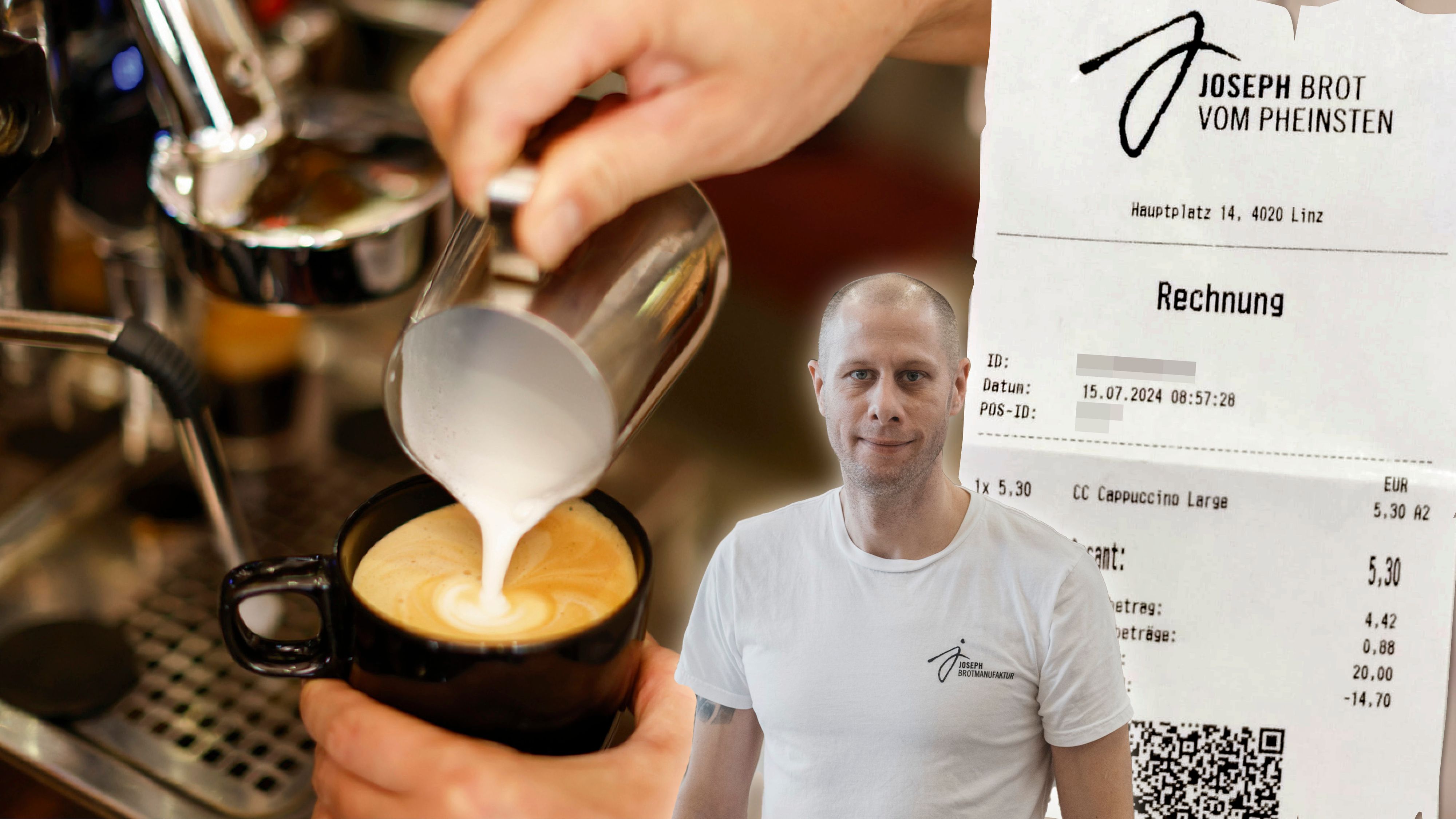 Bei Joseph Brot kostet der große Cappuccino bereits 5,30 Euro. (Symbolbild) Rechts im Bild: Geschäftsführer Josef Weghaupt