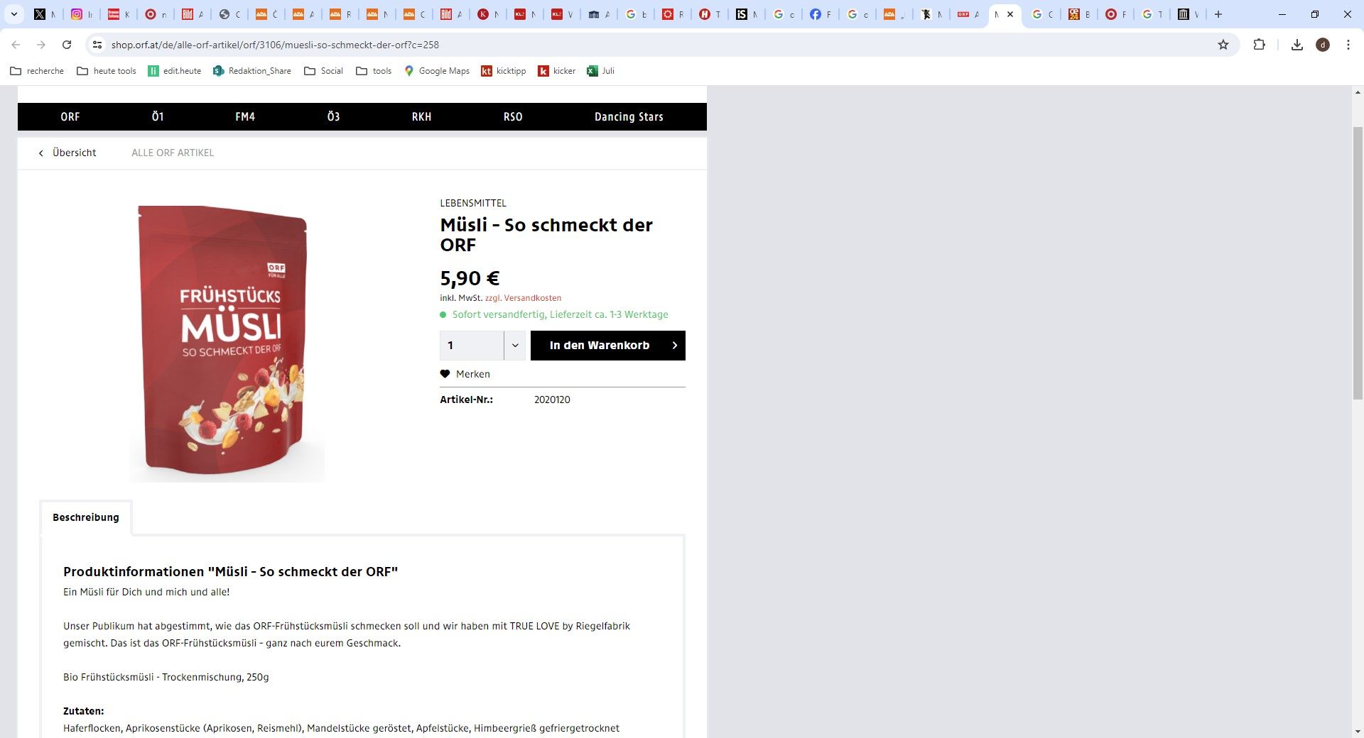 Der ORF verkauft jetzt auch Lebensmittel – in Online-Shop gibt es ORF-Tee und seit Neuestem auch ein Müsli.