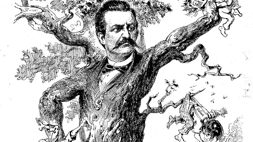 Schöffel-Karikatur in der Sonntags-Zeitung "Die Bombe" von Karl von Stur, 1873