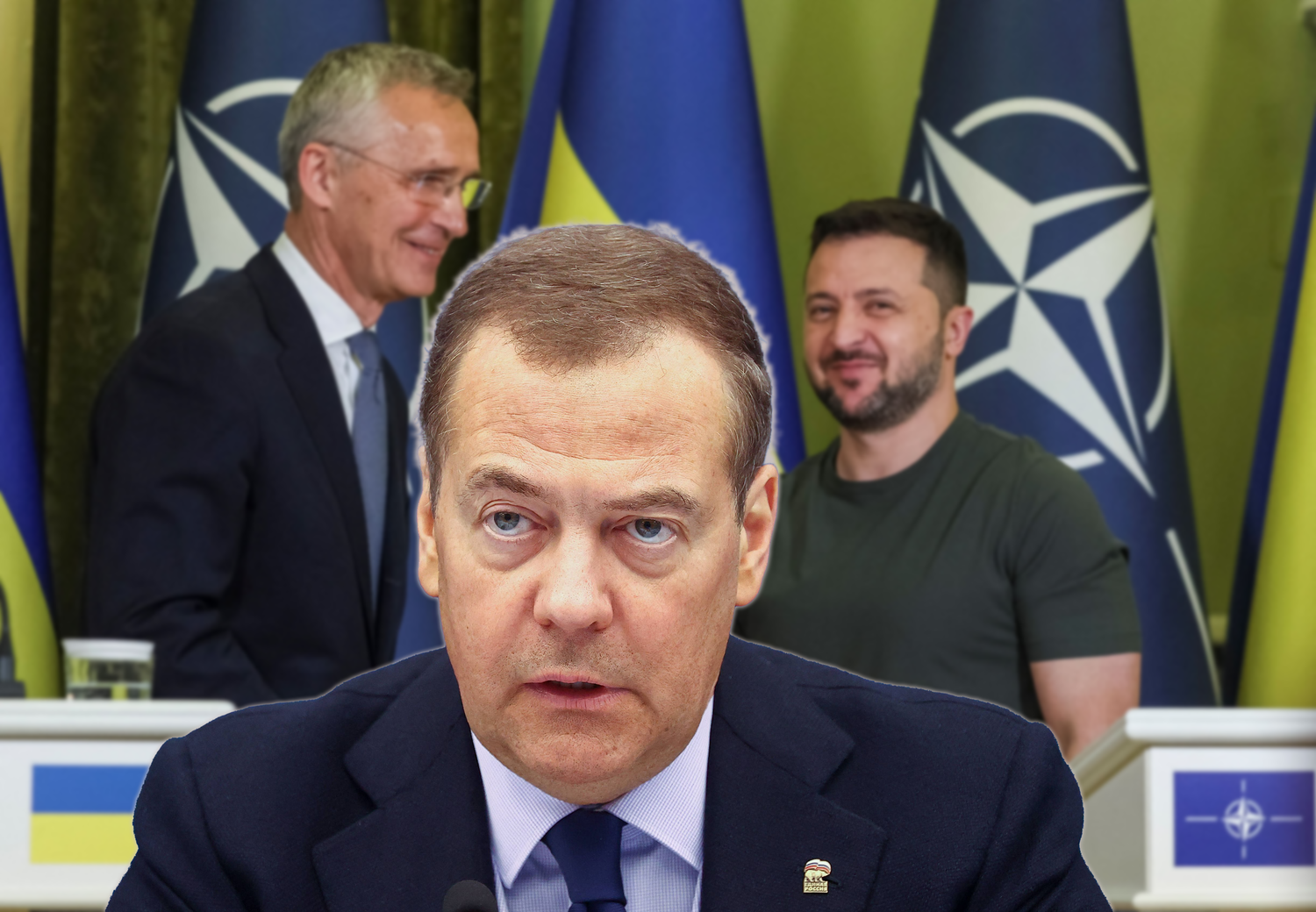 NATO-General Stoltenberg (l.) will die Ukraine aufnehmen. Putin-Freund Medwedew (Mitte) reagiert alarmiert.