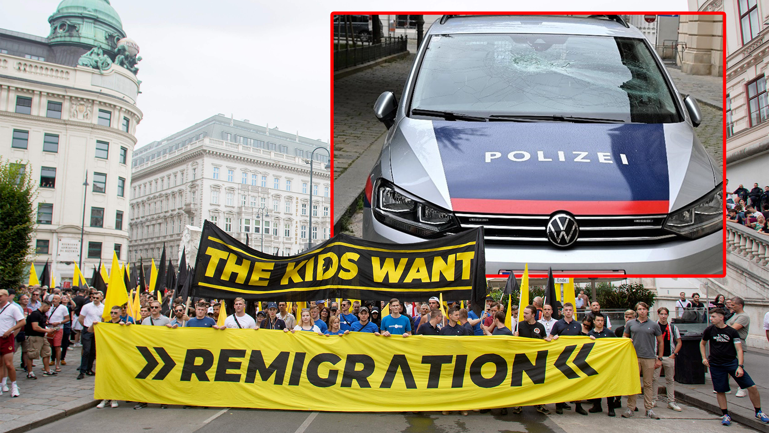 Bei den zwei großen Demonstrationen am Samstagnachmittag wurde ein Polizeiauto stark beschädigt.