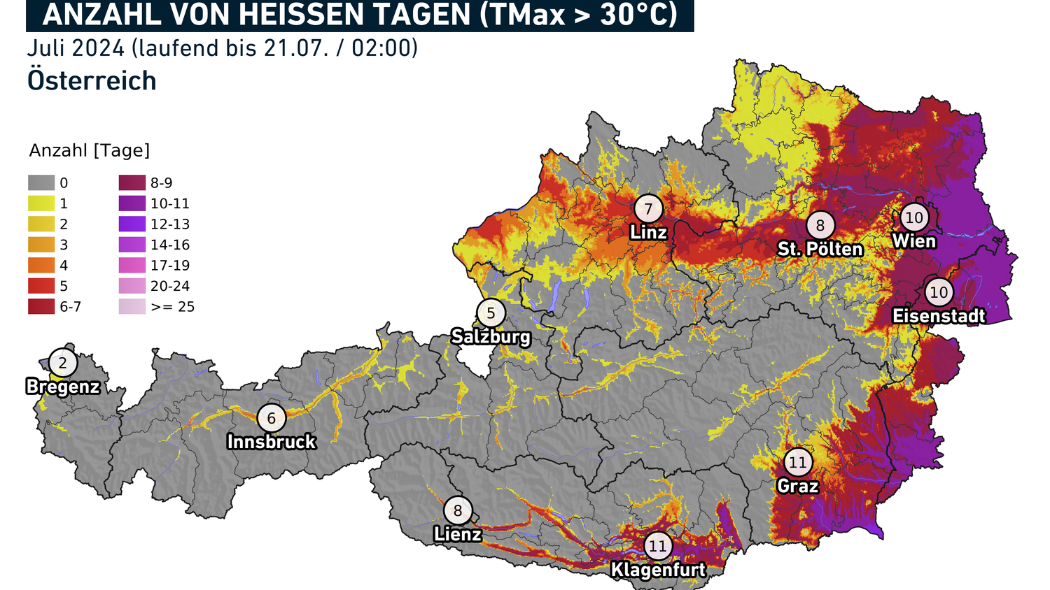 Anzahl von heißen Tagen im Juli.