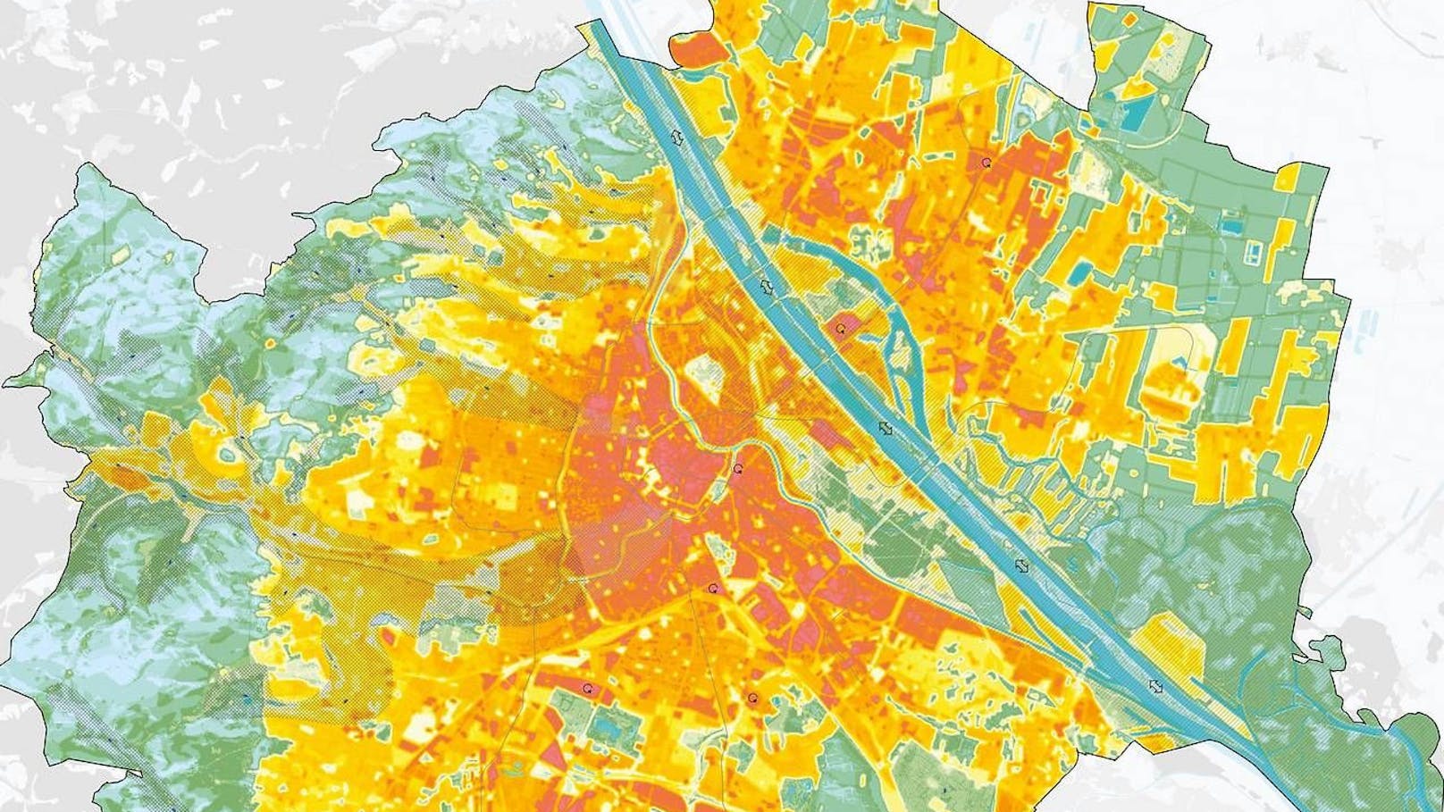 Hitze in Wien: Je mehr die Farben ins Rot gehen, desto heißer ist es dort.