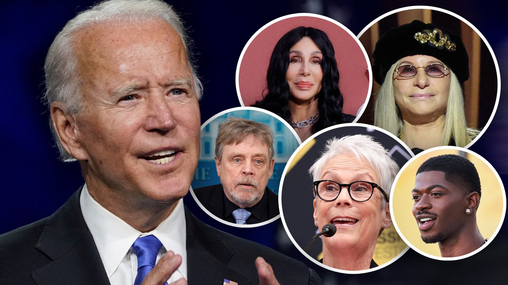 Joe Biden zieht sich aus dem Wahlkampf zurück. Große Stars melden sich (im Bild: Cher, Streisand, Curtis, Lil Nas X, Hamill).