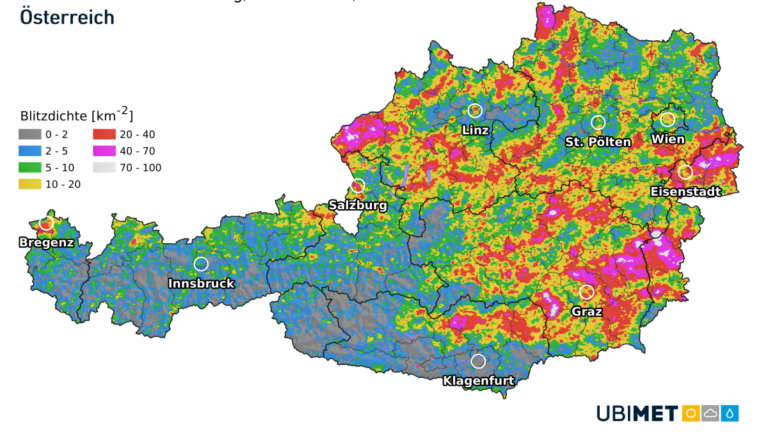 Im laufenden Jahr haben sich die Blitzentladungen in Österreich folgendermaßen verteilt. 