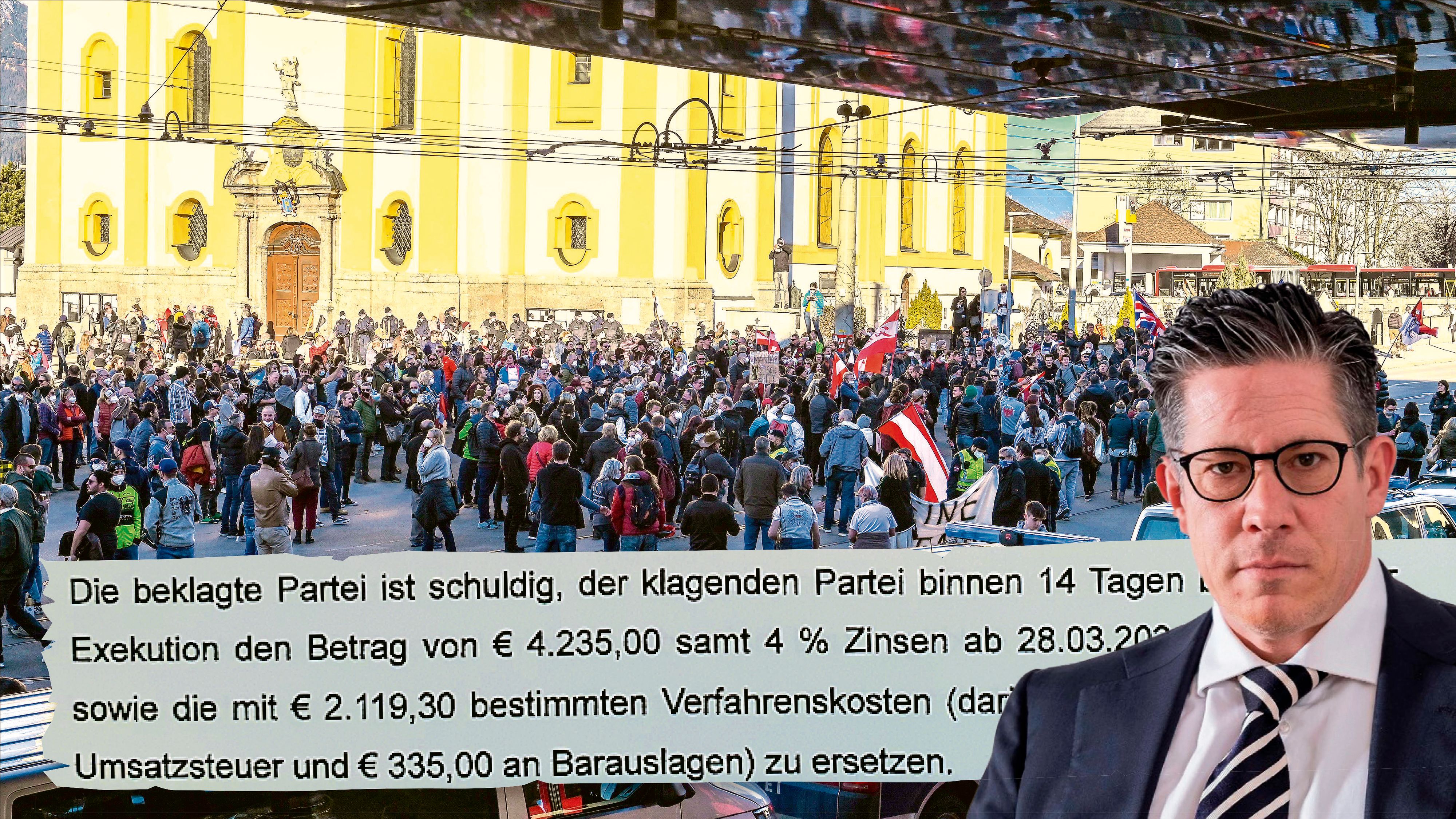 Demo am 20. Februar 2021 in Innsbruck; Screenshot von Urteil und Anwalt Florian Höllwarth