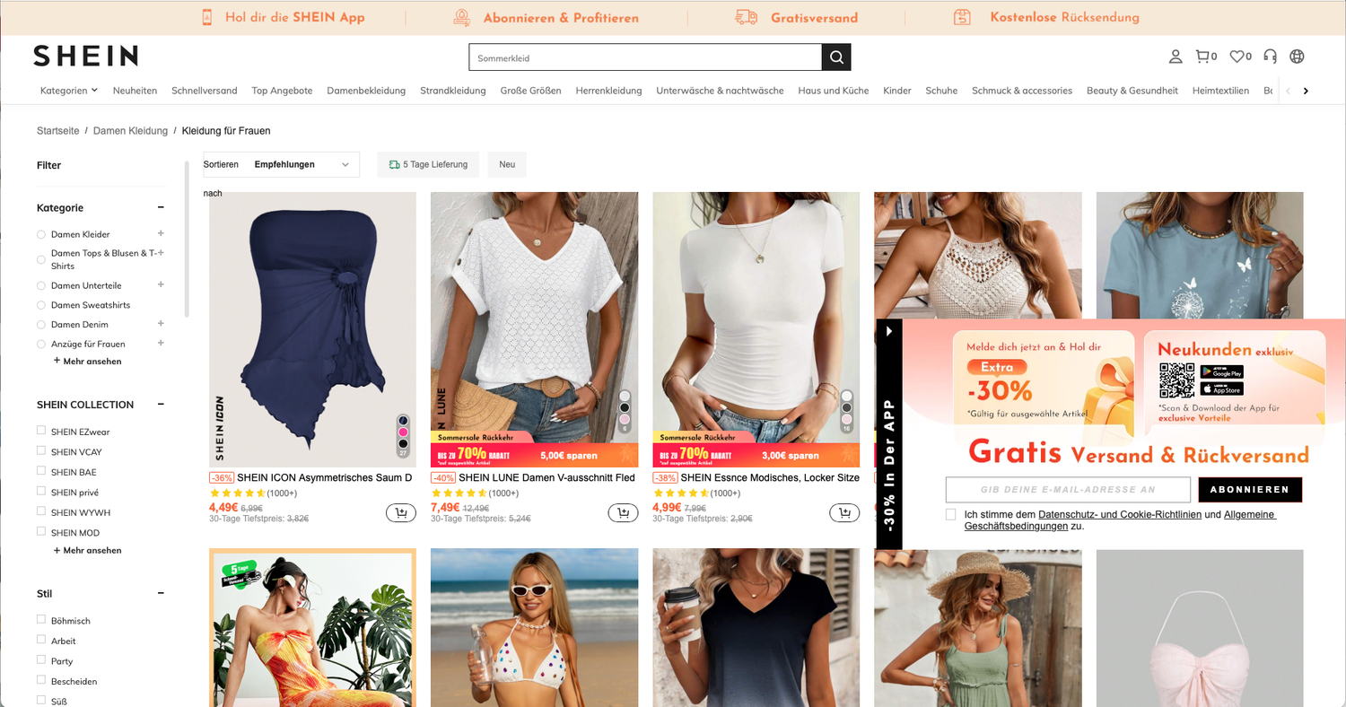 Startseite des Direktversenders Shein
