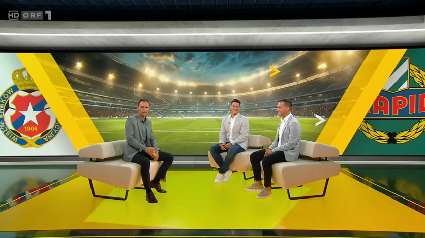 Michael Liendl (r.) mit Experten-Kollege Helge Payer (Mitte) und Moderator Christian Diendorfer beim ORF-Debüt.