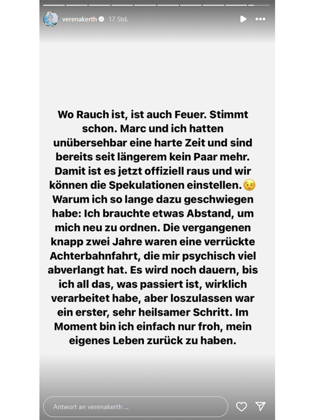 Verena Keerth gibt auf Instagram ein ehrliches Statement zu ihrer Trennung ab.