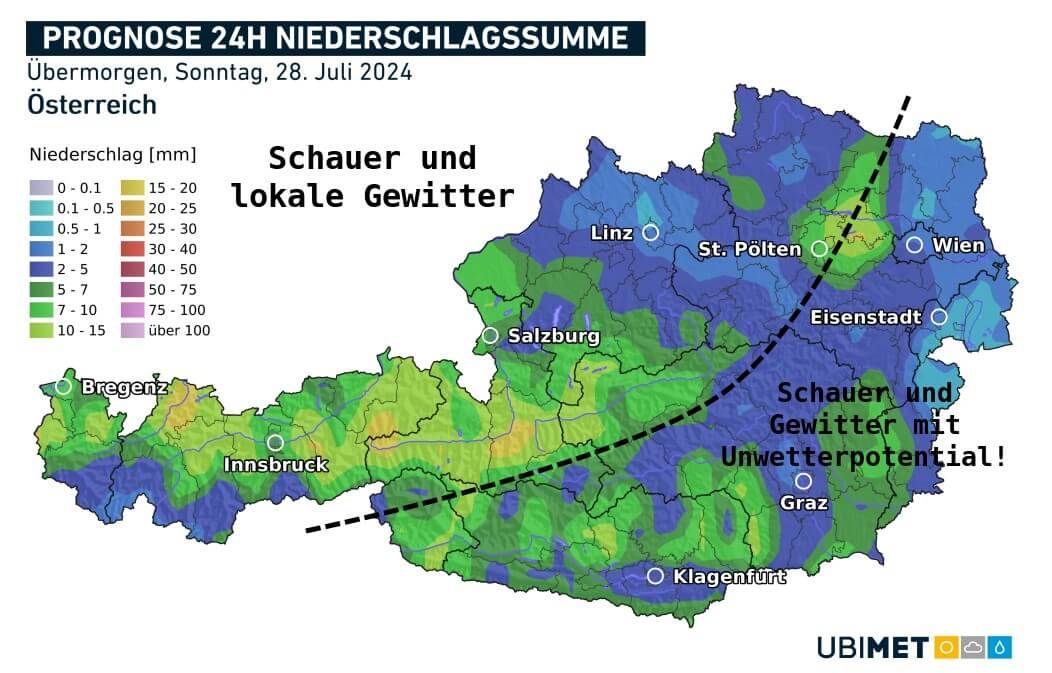 Prognose der Niederschlagssumme am Sonntag – im Osten und Süden Unwetter-Gefahr.