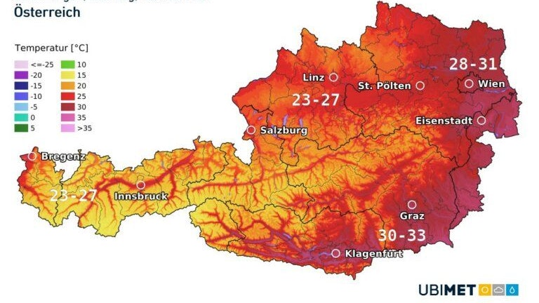 Prognose der Temperaturhöchstwerte am Sonntag.