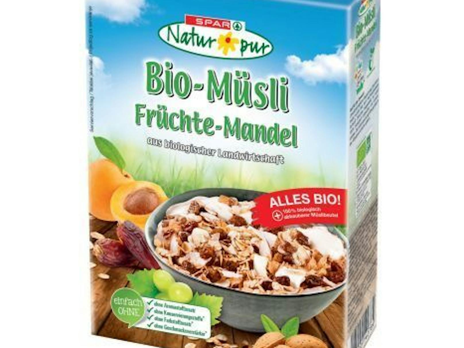 "SPAR Natur*pur Bio-Müsli Früchte Mandel 375g" mit dem Mindesthaltbarkeitsdatum 06.04.2025