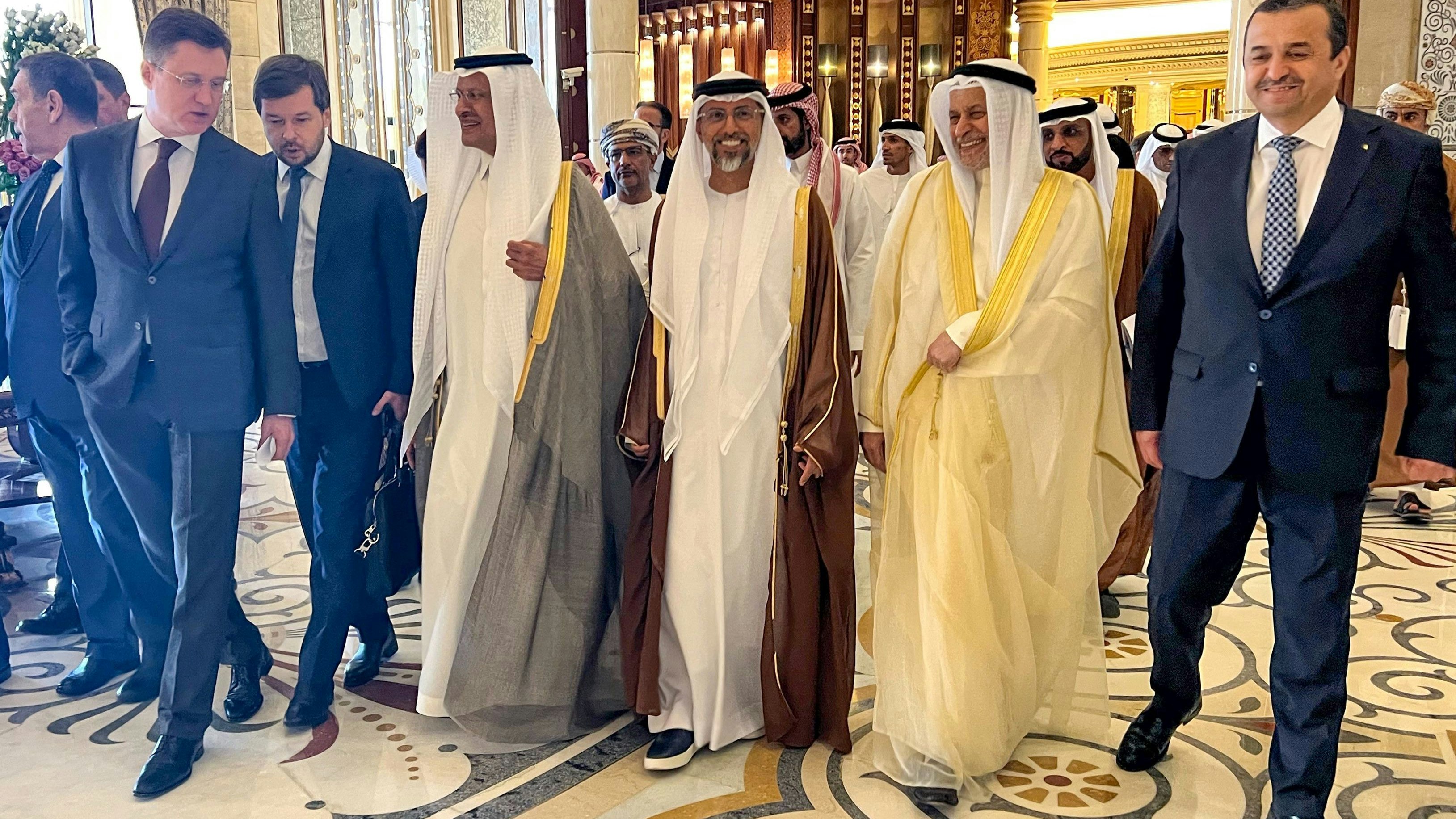 OPEC+: Russlands Energieminister Alexander Novak (l.) mit Saudi Arabiens Energieminister Prinz Abdulaziz bin Salman (3. v. l.) und Suhail Al-Mazroui, Energieminister der Vereinigten Arabischen Emirate (3. v. r.)