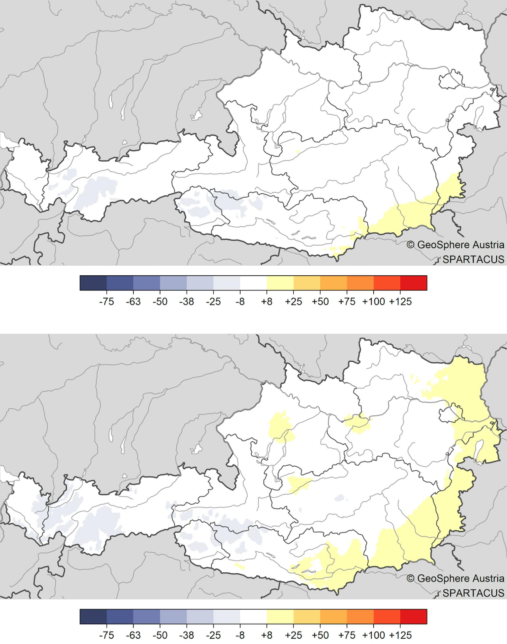 <strong>Sonnenscheindauer im Juli 2024:</strong> Abweichung der Sonnenscheindauer: Bild unten im Vergleich zum Mittel 1961-1990, Bild oben im Vergleich zum Mittel 1991-2020.