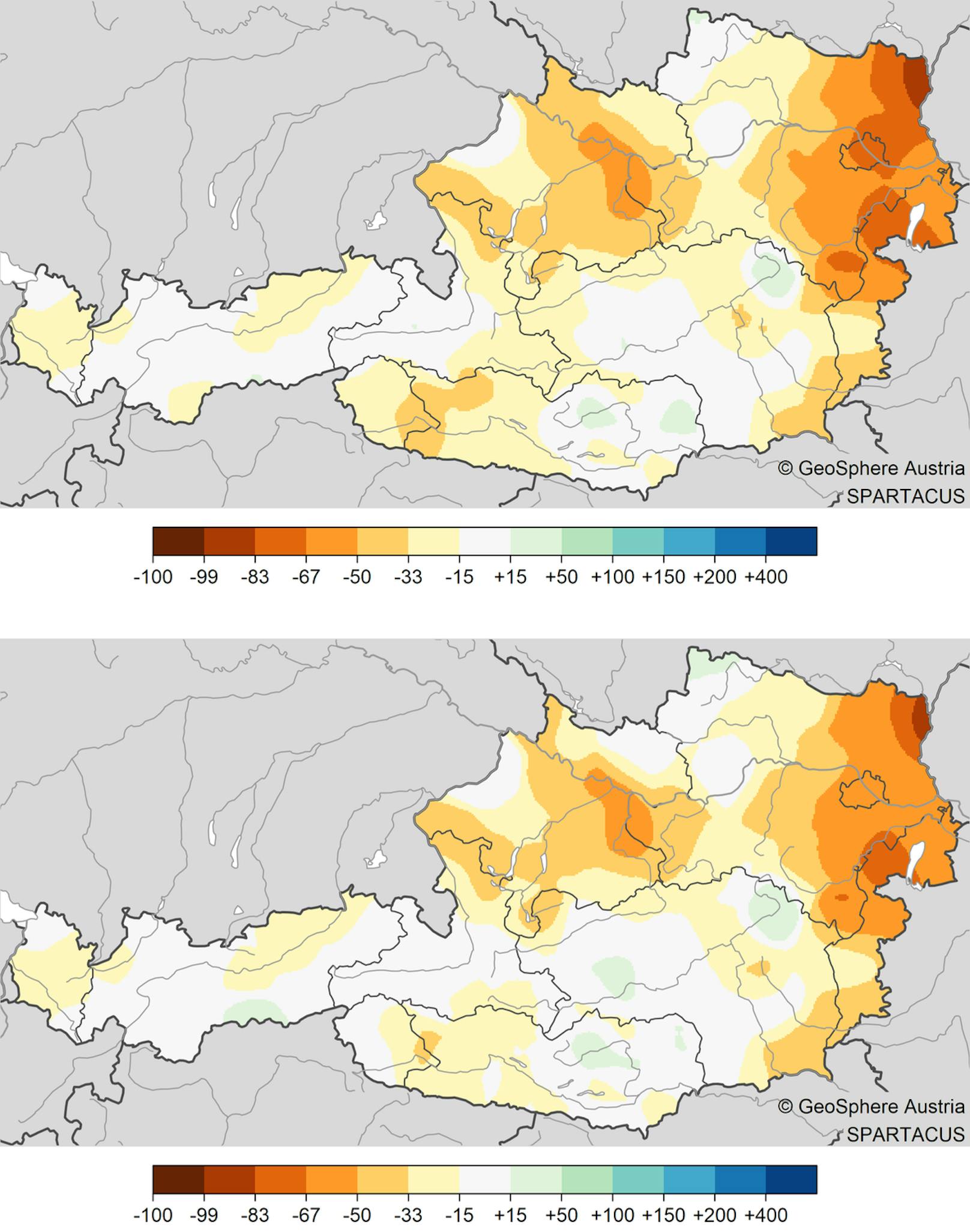 <strong>Niederschlag im Juli 2024:</strong> Abweichung des Niederschlags vom Mittel: Bild unten im Vergleich zum Mittel 1961-1990, Bild oben im Vergleich zum Mittel 1991-2020.