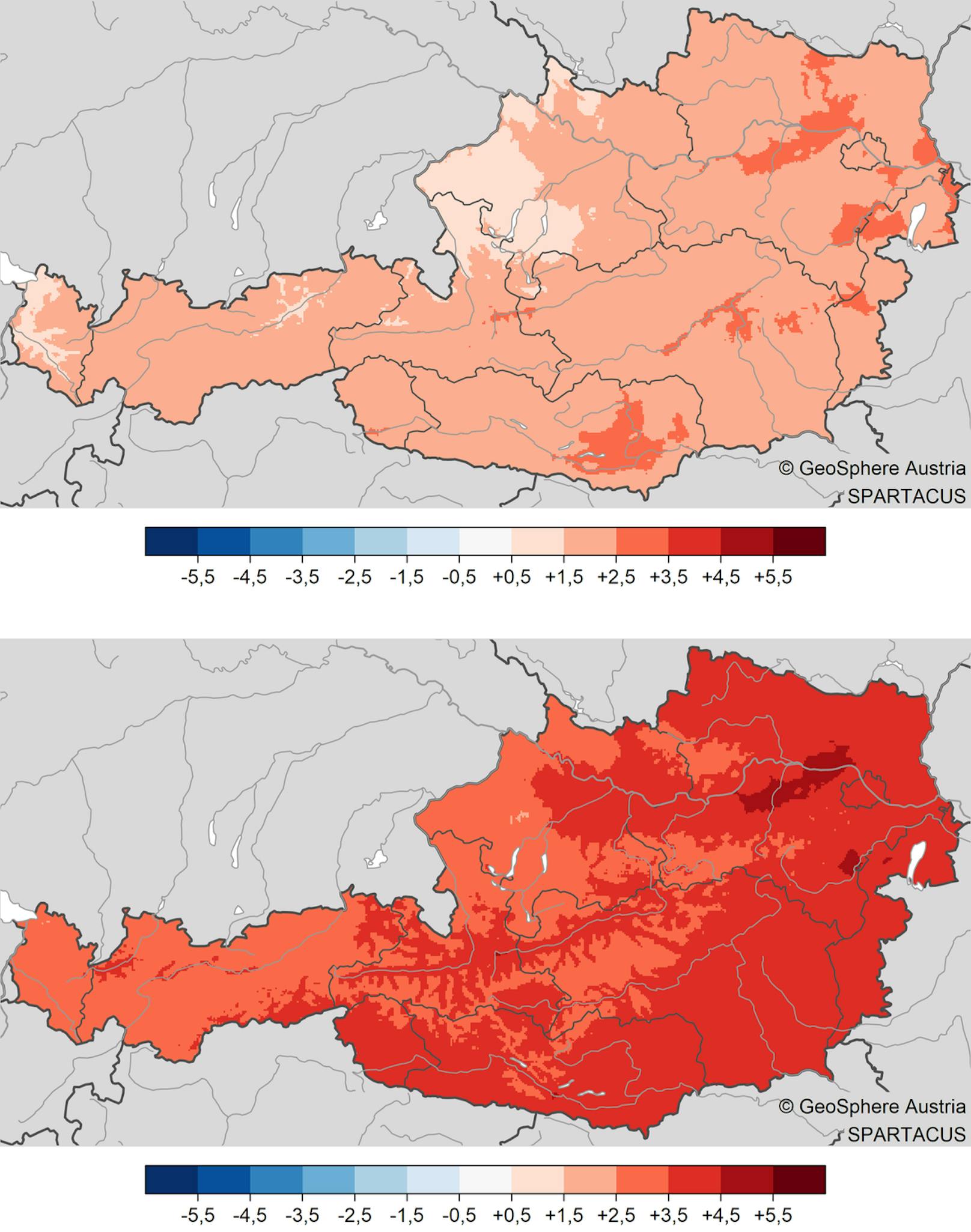 <strong>Temperatur im Juli 2024:</strong> Abweichung der Temperatur vom Mittel. Bild unten im Vergleich zum Mittel 1961-1990, Bild oben im Vergleich zum Mittel 1991-2020.