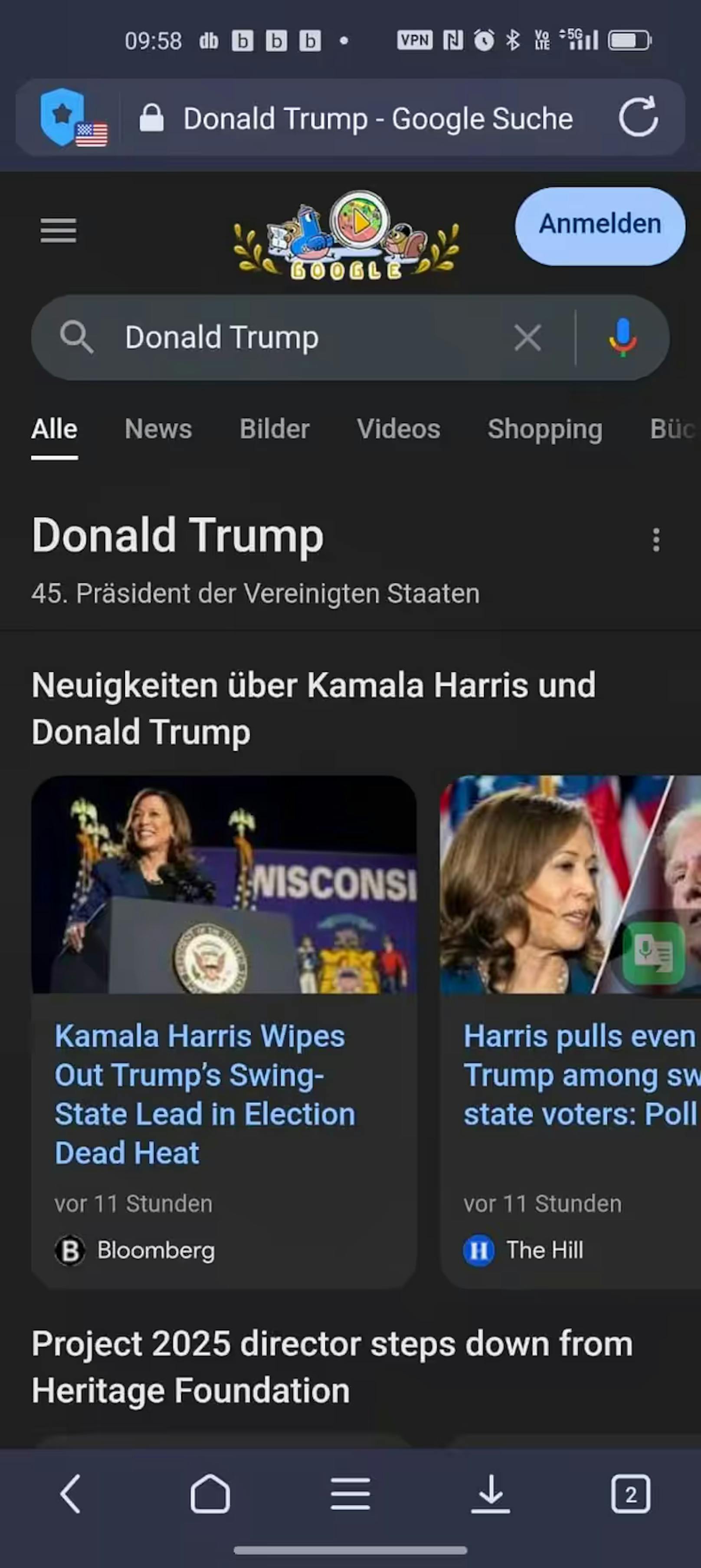 Wurde ins Suchfeld "Donald Trump" eingegeben, bekam "20 Minuten" "Neuigkeiten über Kamala Harris und Donald Trump" angezeigt.