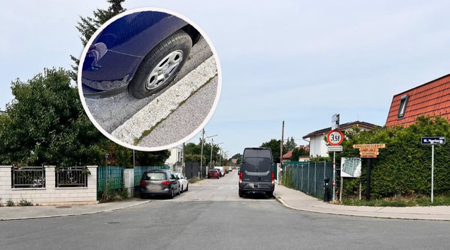 Warnung vor Reifenstecher in der Urselbrunnenstraße, in Wien-Favoriten. Seit April wurden hier mehrere Autos beschädigt.