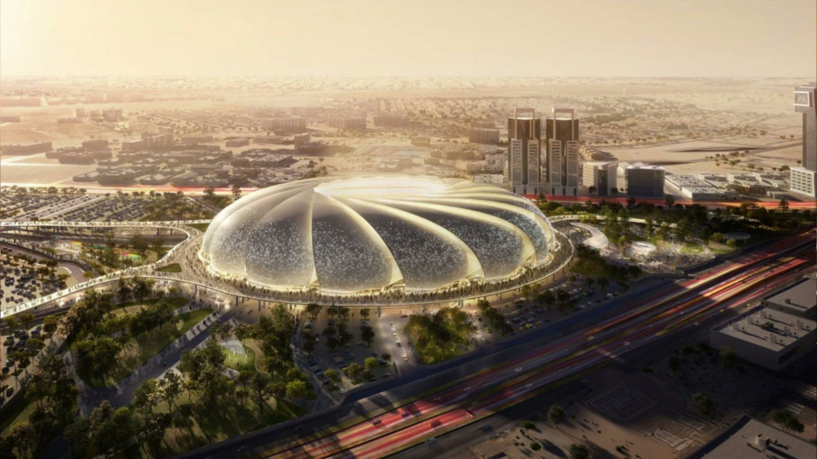 <strong>Aramco Stadium, Al Khobar</strong>: Das Stadion, entworfen von Foster + Partners, ist das Einzige in der Stadt Al Khobar. Es befindet sich derzeit bereits im Bau, da es schon 2027 für den Asia Cup genutzt werden soll. "Die Form des Stadions huldigt dem Meer und dem Einfluss auf die Natur und die lokale Bevölkerung", steht in der Bewerbung.