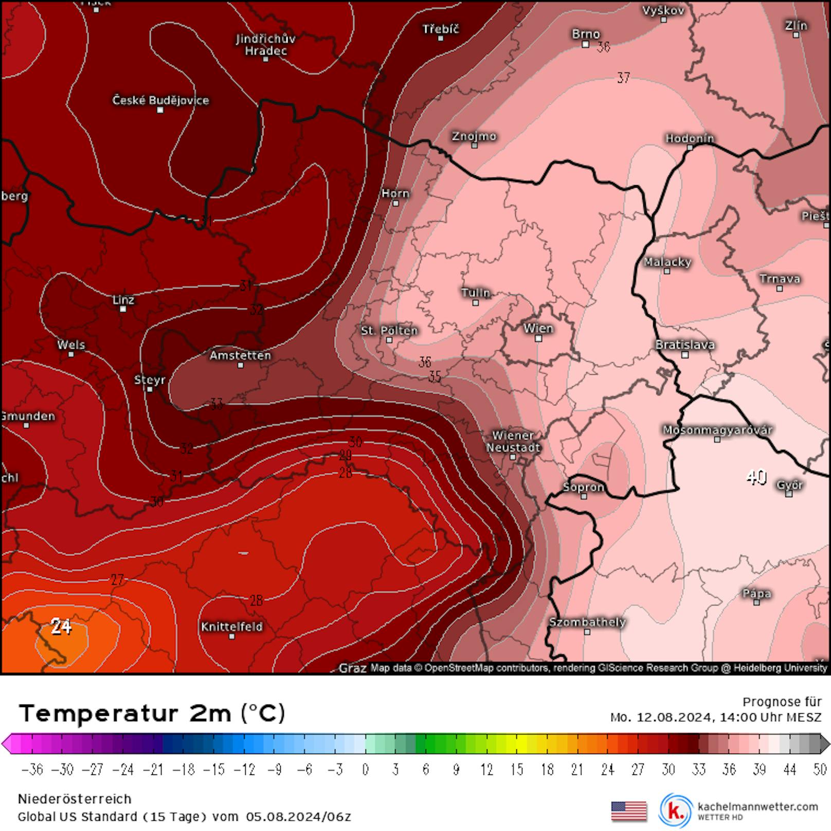 Das GFS-Modell sieht im benachbarten Ungarn gar 40 Grad voraus.