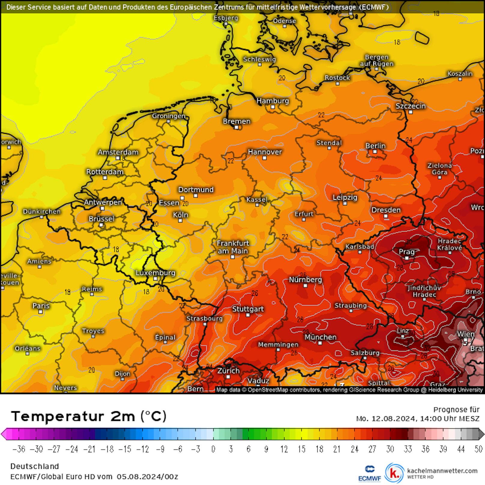 Während das amerikanische GFS-Modell in der 1. Grafik Nord-/Ostdeutschland große Hitze verspricht, sieht das europäische ECMWF (im Bild) eine Abkühlung.