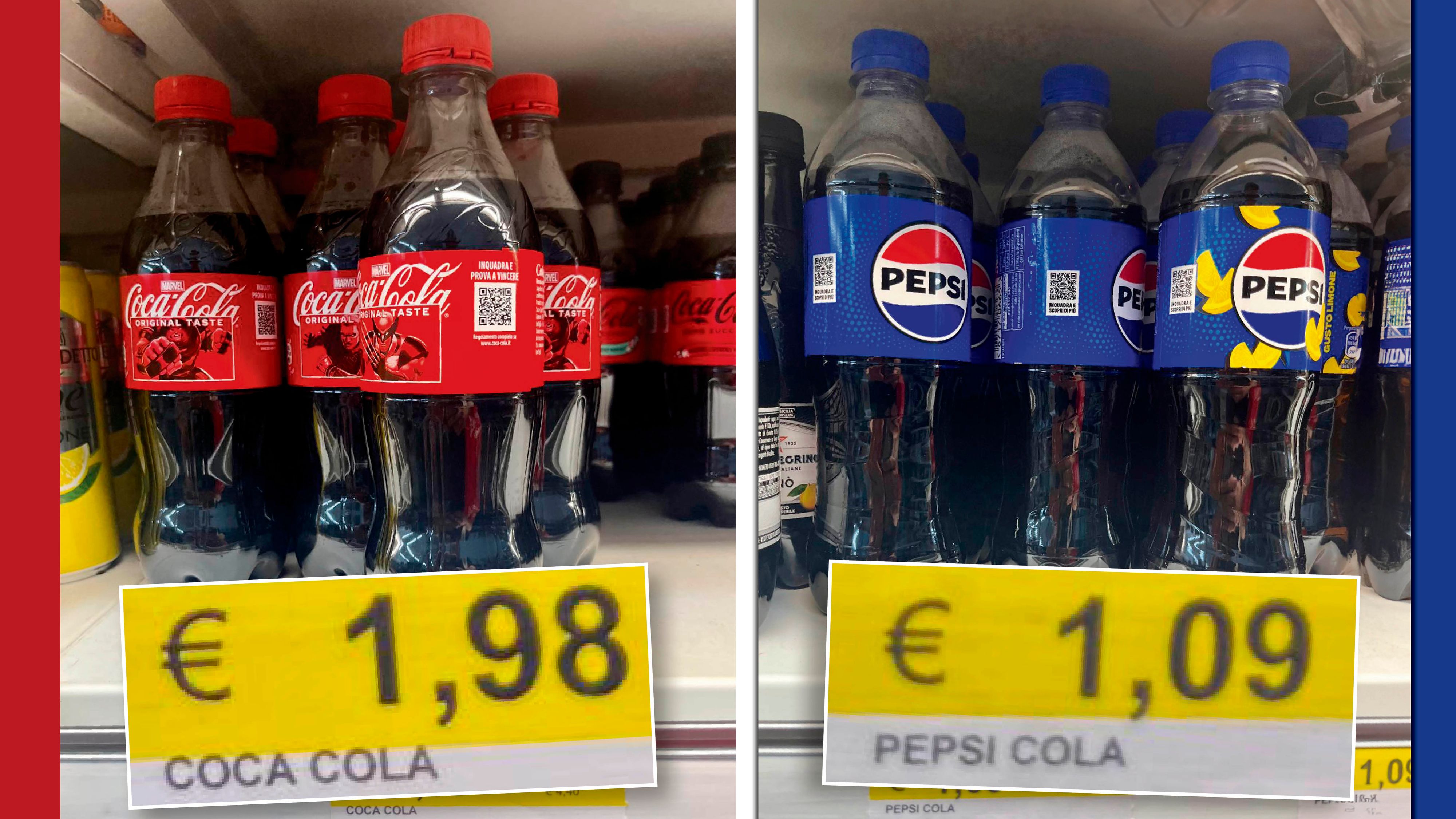 Enormer Unterschied: Für Coca-Cola wollte ein italienischer Supermarkt 1,98 Euro, für Pepsi nur 1,09 Euro.
