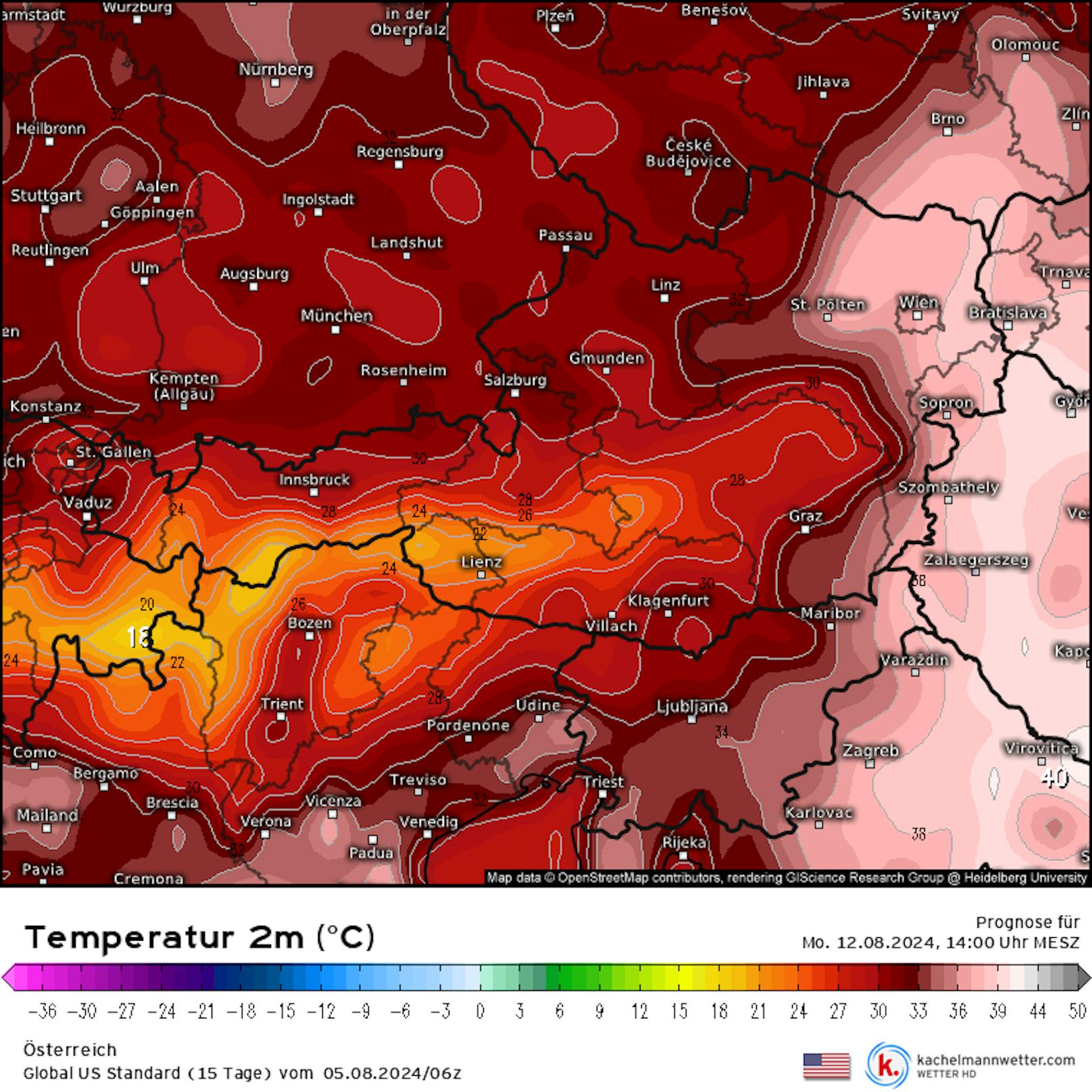 Eine ähnliche Unsicherheit gibt es durch den zeitlichen Abstand von 7 Tagen auch in Österreich. Im Bild die GFS-Prognose mit Mega-Hitze im Osten.