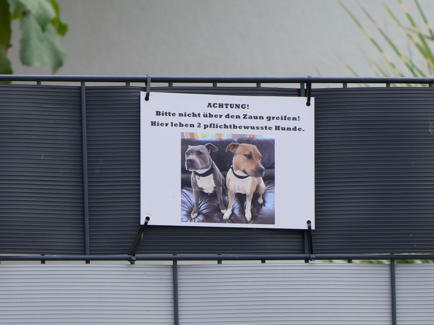 Die Familie besitzt zwei Kampfhunde, warnt mit diesem Foto am Gartenzaun.