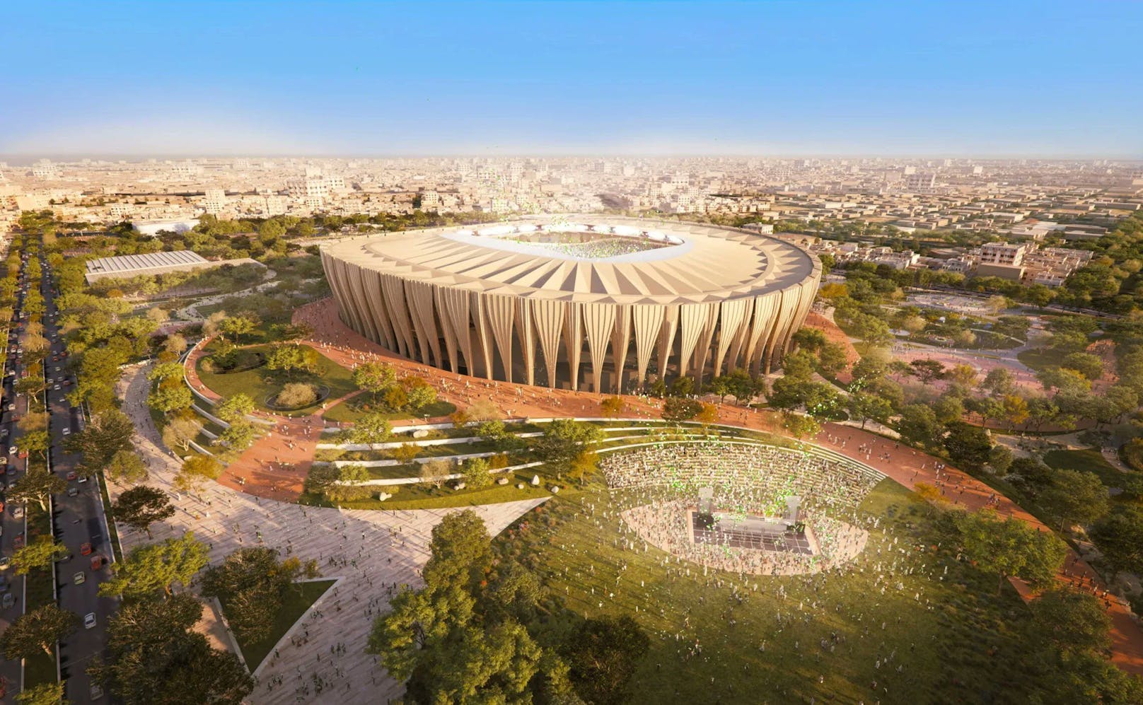 <strong>Prince Faisal bin Fahd Sports City Stadium, Riad</strong>: Das Prince Faisal bin Fahd Sports City Stadium befindet sich derzeit im Bau, auch für dieses Gebäude ist das Architekturbüro Populous verantwortlich. Laut der Bewerbung soll die Energienutzung mit Solarpanels auf dem Dach optimiert werden.