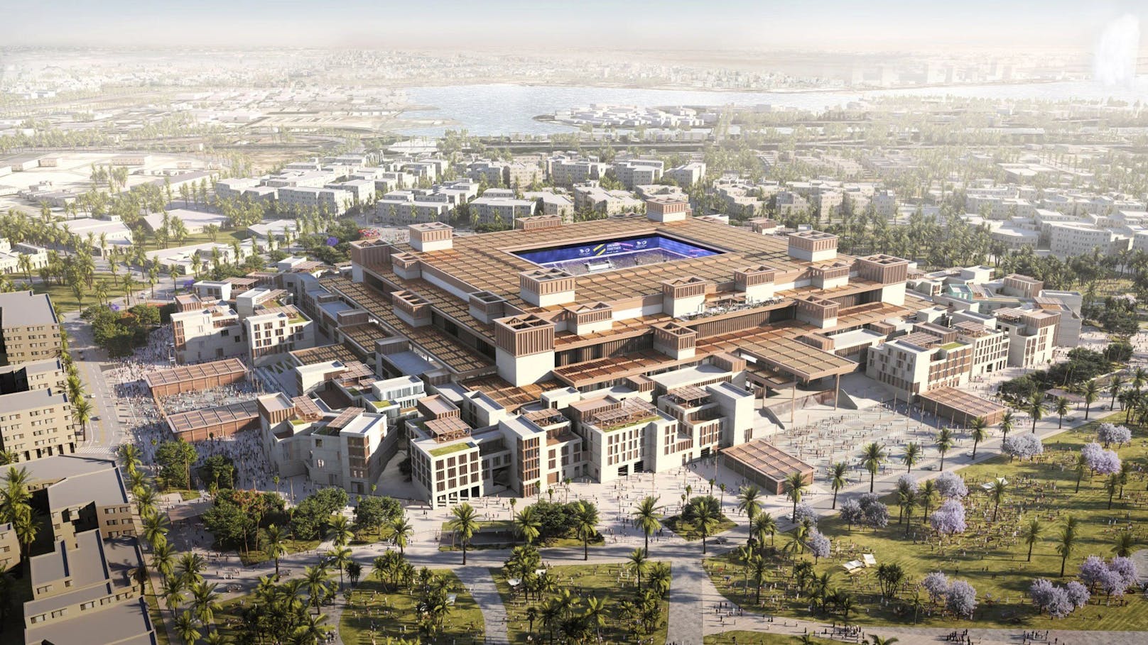 <strong>Jeddah Central Development Stadium, Dschidda</strong>: Entworfen vom deutschen Architekturbüro GMP befindet sich dieses Stadion bereits im Bau. Es ist Teil eines Großprojekts in Dschidda und soll an die Bauweise der Häuser darum herum angepasst sein. Außerdem wird es einen 360-Grad LED-Bildschirm geben und ein einfahrbares Dach.