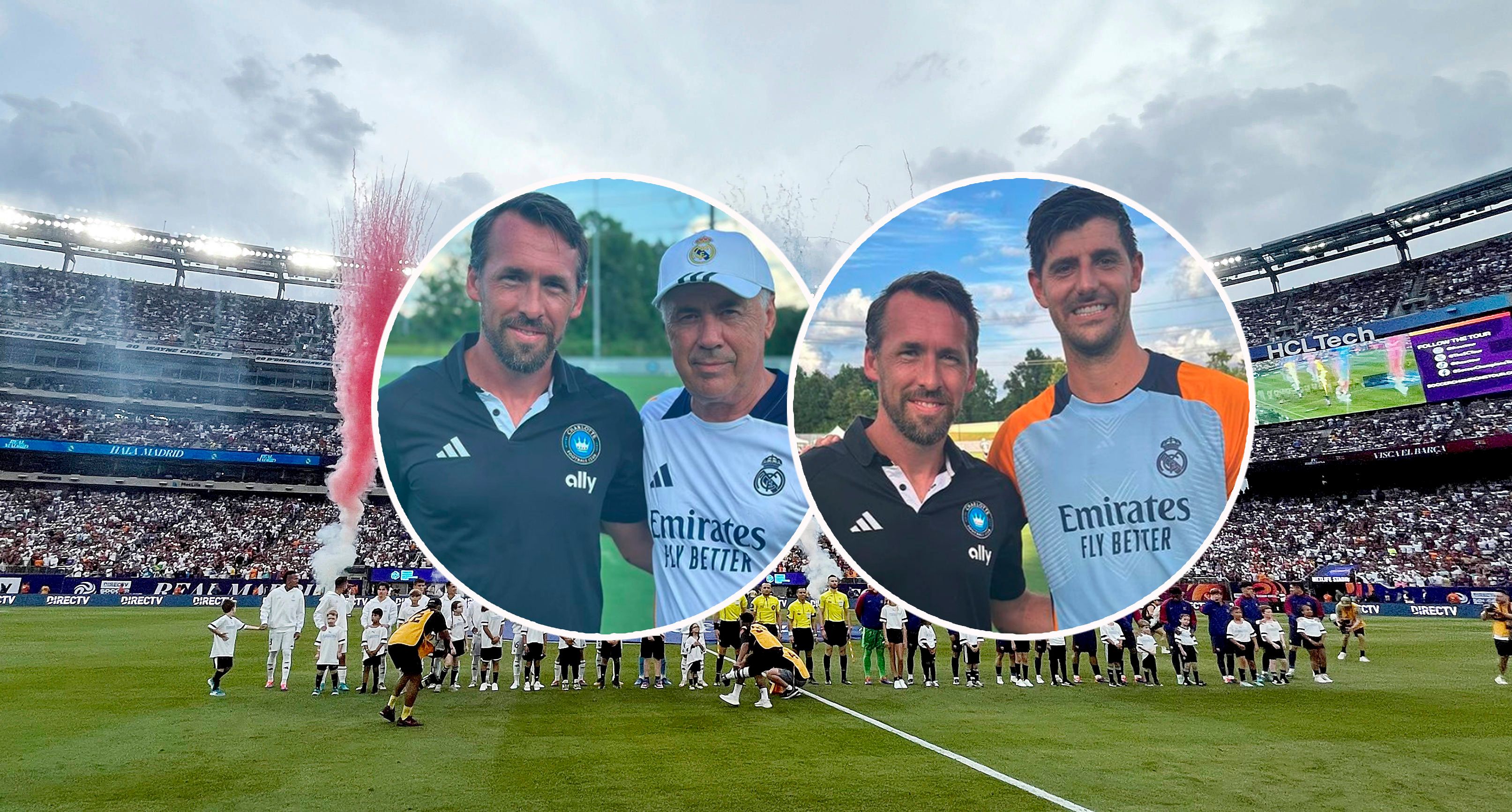 Christian Fuchs mit Carlo Ancelotti und Thibaut Courtois.