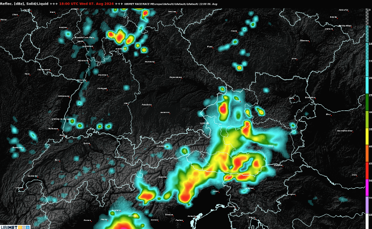 Prognose der Radarreflektivität von Mittwochmittag bis Mittwochabend.