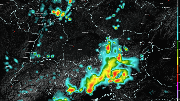 Prognose der Radarreflektivität von Mittwochmittag bis Mittwochabend.