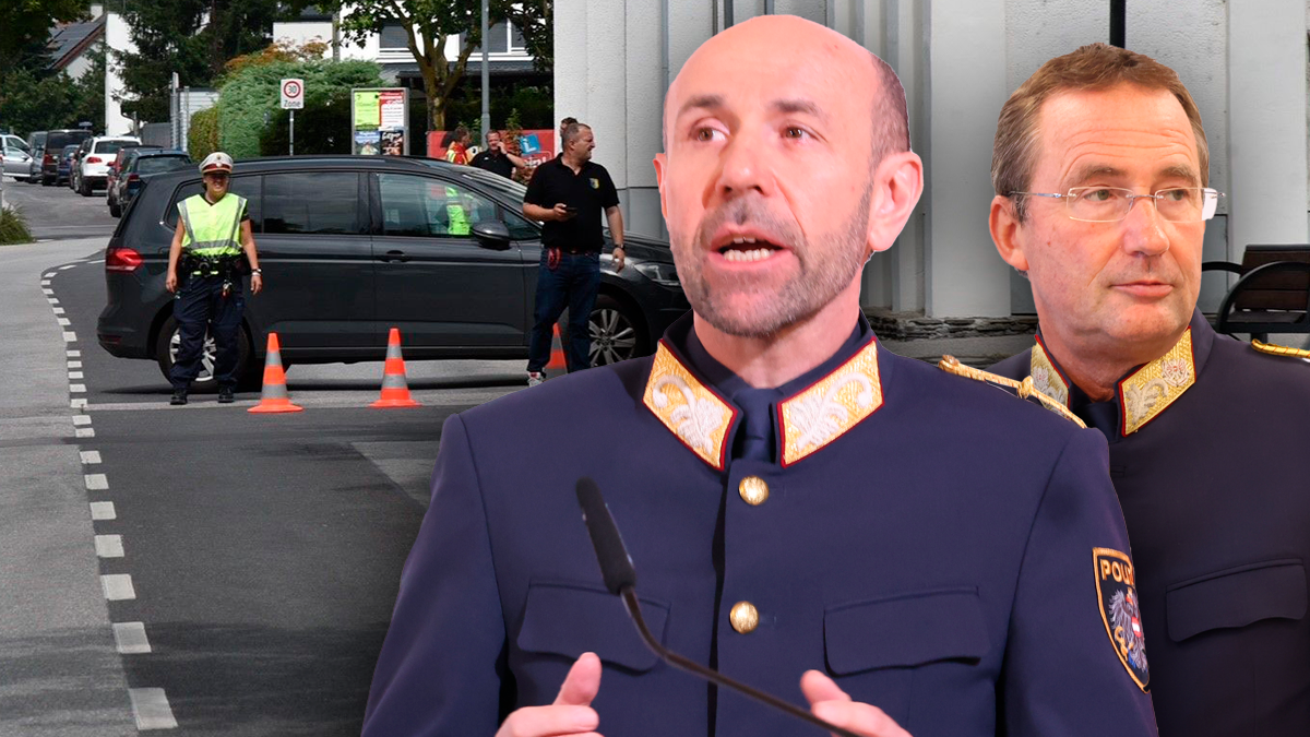 Generaldirektor für die öffentliche Sicherheit im Innenministerium Franz Ruf (l.) und der Wiener Landespolizeipräsident Gerhard Pürstl (r.) sprachen zum Einsatz in Ternitz.