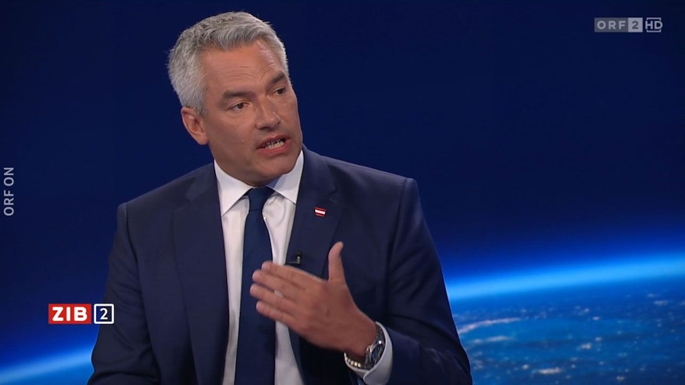 Kanzler Karl Nehammer nach der Vereitelung des Terroranschlags auf ein Taylor-Swift-Konzert in Wien in der ZIB2 mit Margit Laufer am 8. August 2024.