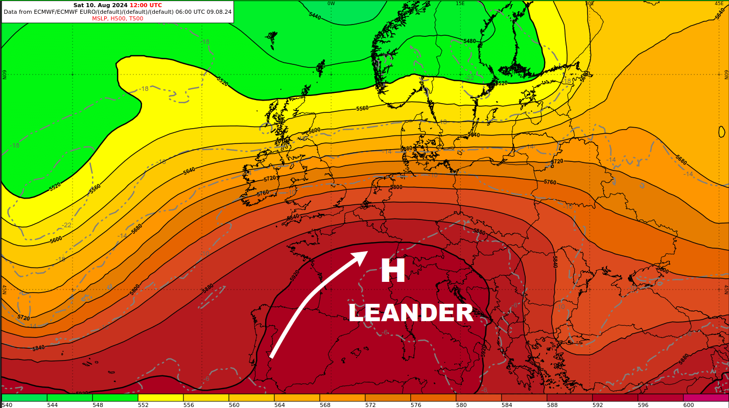 Trockene, heiße Luft wird durch Hoch LEANDER aus dem Süden nach Mitteleuropa gelenkt.
