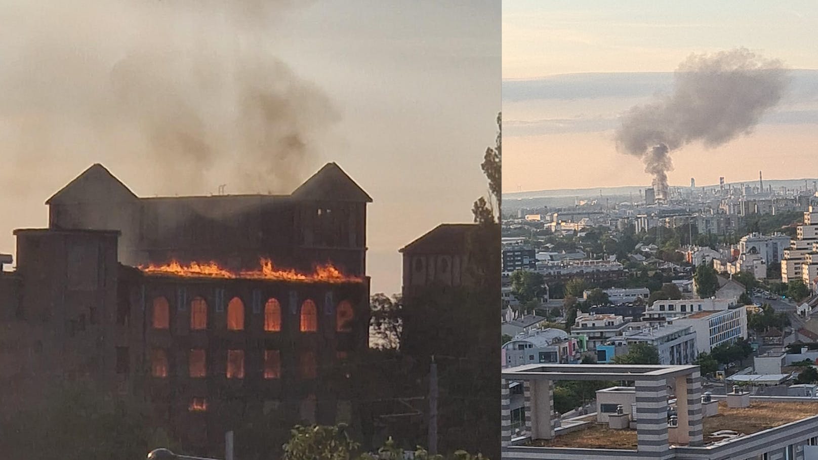 In einem ehemaligen Fabriksgebäude direkt an der Landesgrenze zu Wien ist es am Samstag in Schwechat zu einem Großbrand gekommen. Fünf Feuerwehren aus Niederösterreich sowie die Berufsfeuerwehr aus Wien sind im Einsatz.