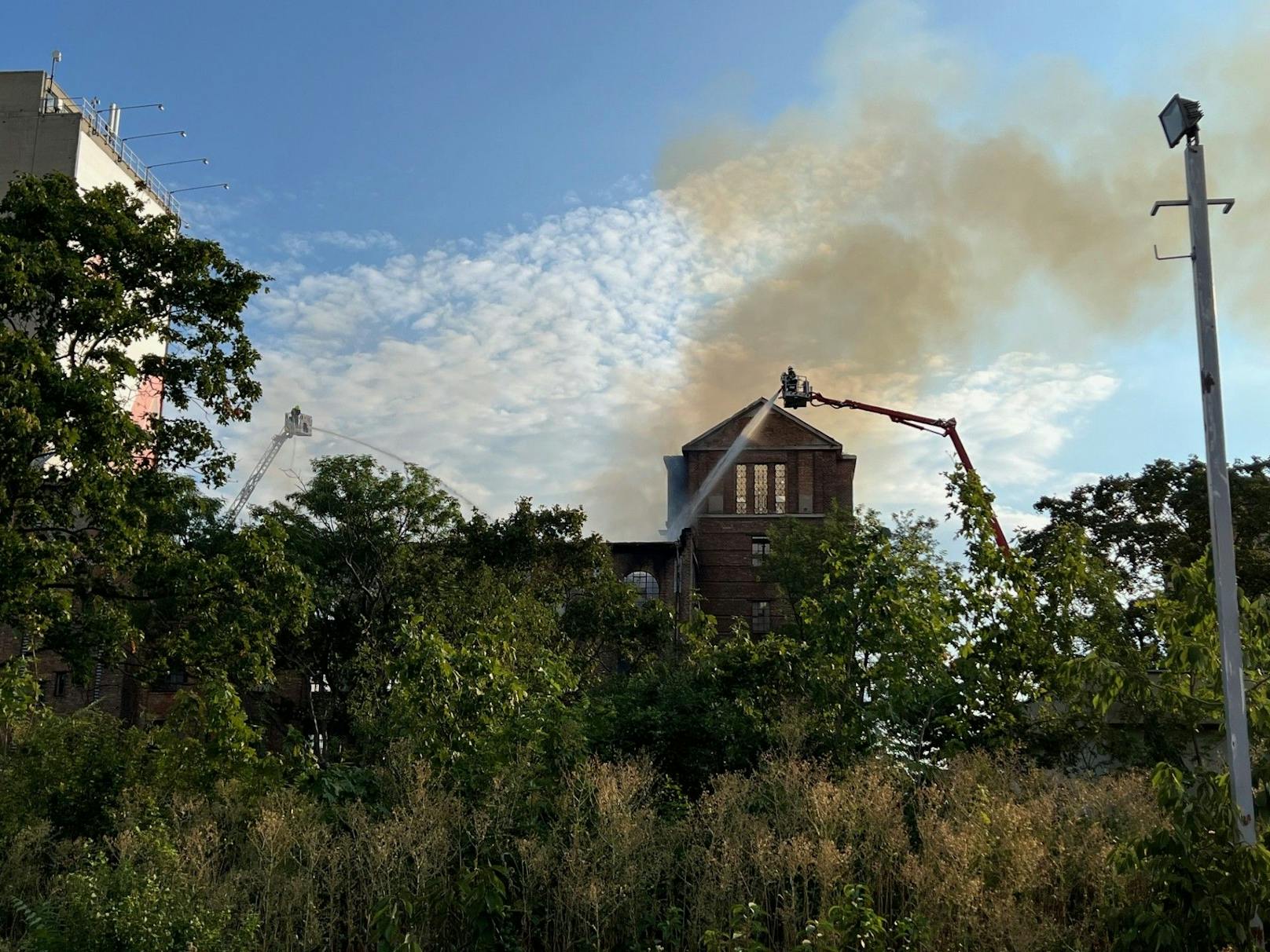 In einem ehemaligen Fabriksgebäude direkt an der Landesgrenze zu Wien ist es am Samstag in Schwechat zu einem Großbrand gekommen. Fünf Feuerwehren aus Niederösterreich sowie die Berufsfeuerwehr aus Wien sind im Einsatz.