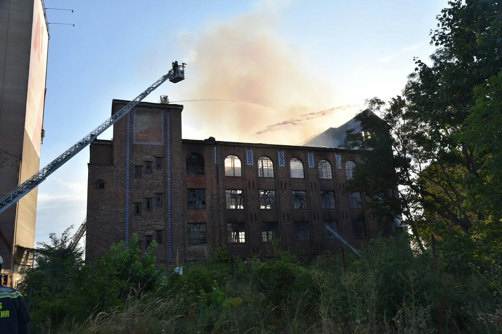 In einem ehemaligen Fabriksgebäude direkt an der Landesgrenze zu Wien ist es am Samstag in Schwechat zu einem Großbrand gekommen. Fünf Feuerwehren aus Niederösterreich sowie die Berufsfeuerwehr aus Wien sind im Einsatz.