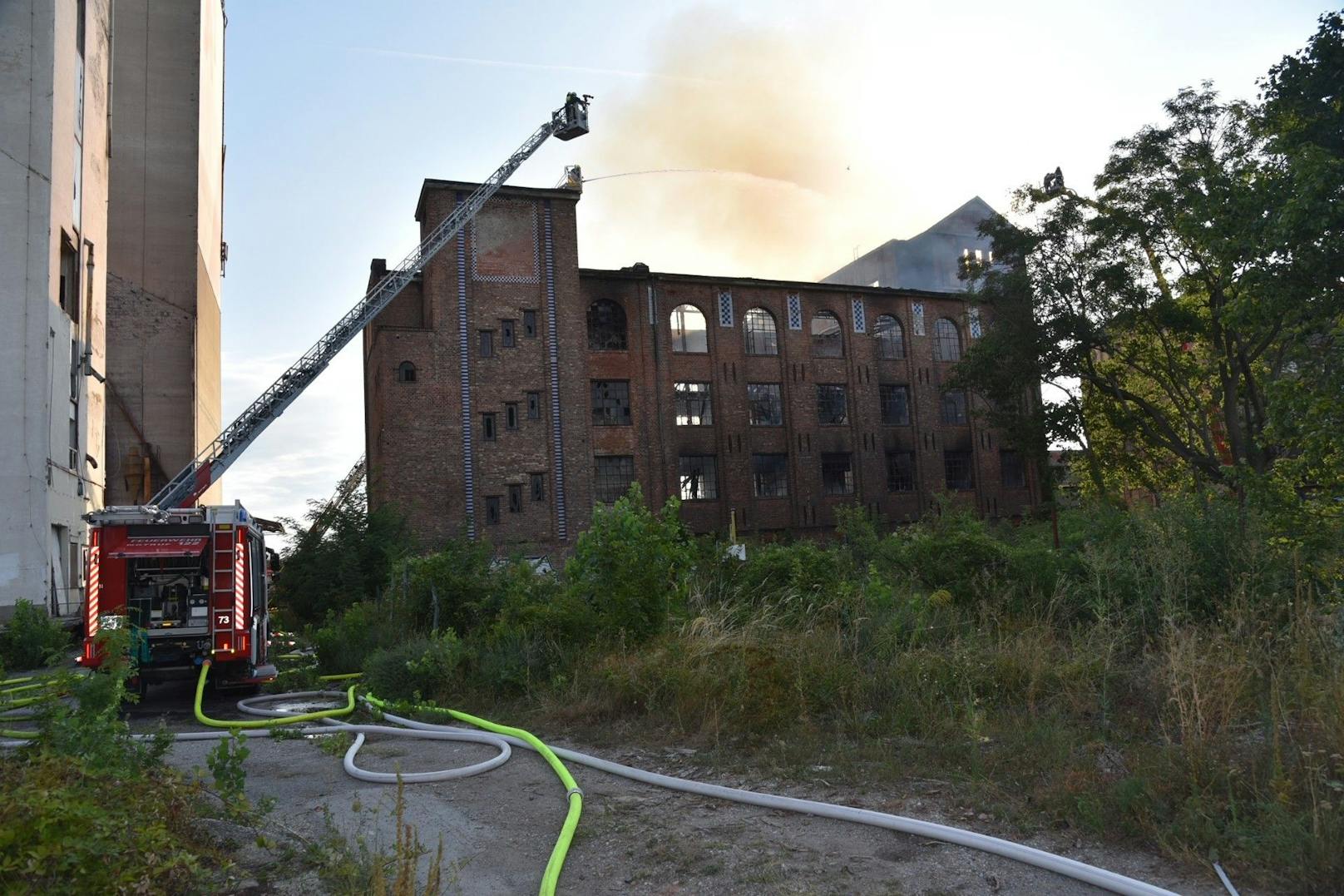 In einem ehemaligen Fabriksgebäude direkt an der Landesgrenze zu Wien ist es am Samstag in Schwechat zu einem Großbrand gekommen. Fünf Feuerwehren aus Niederösterreich sowie die Berufsfeuerwehr aus Wien sind im Einsatz.