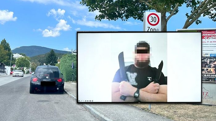 Der 19-Jährige Beran aus Ternitz, im Hintergrund steht der VW Beatle, mit dem er den Terrorangriff übte.