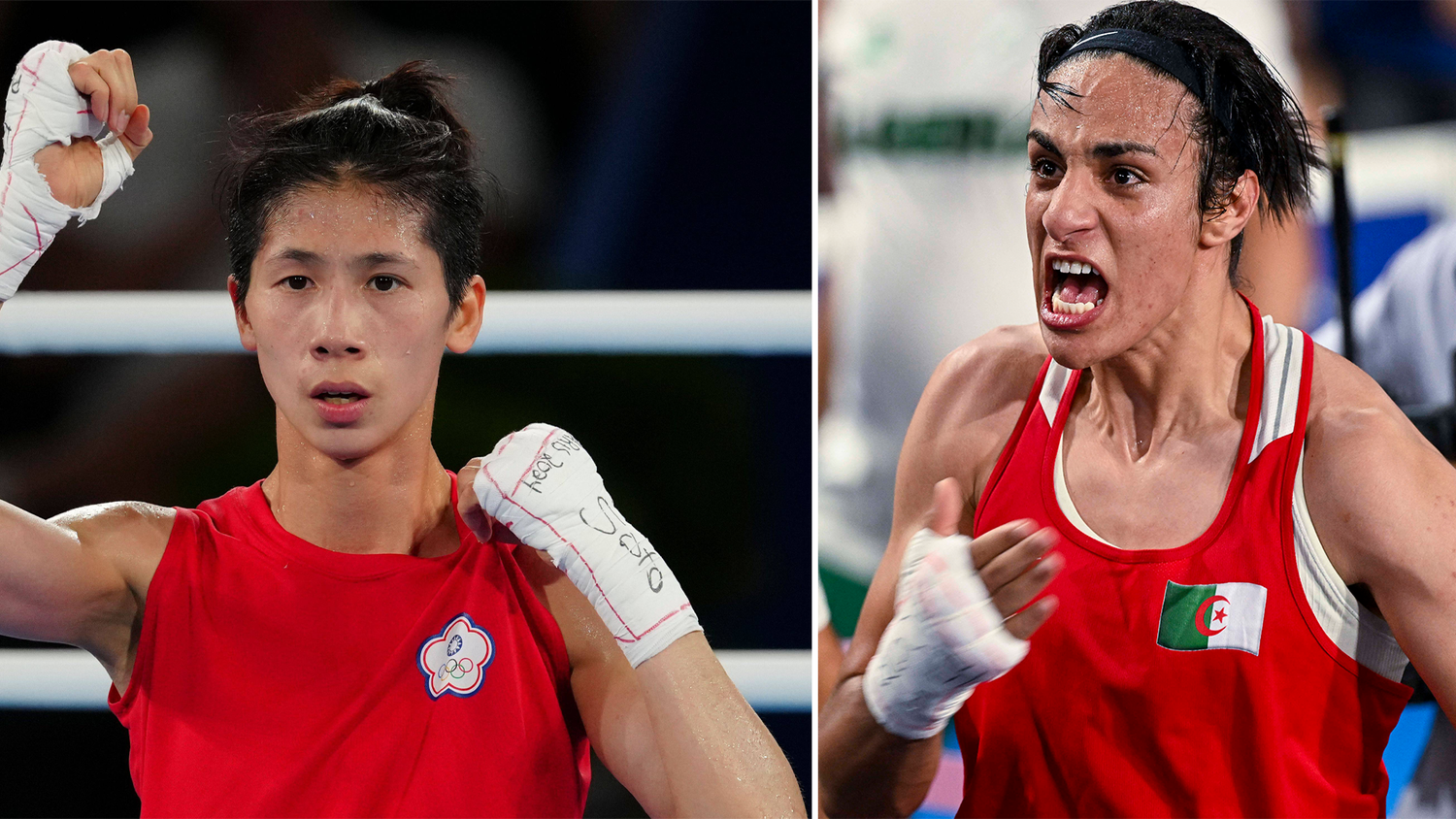 Die beiden Olympiasiegerinnen tragen die Fahnen ihrer Länder.