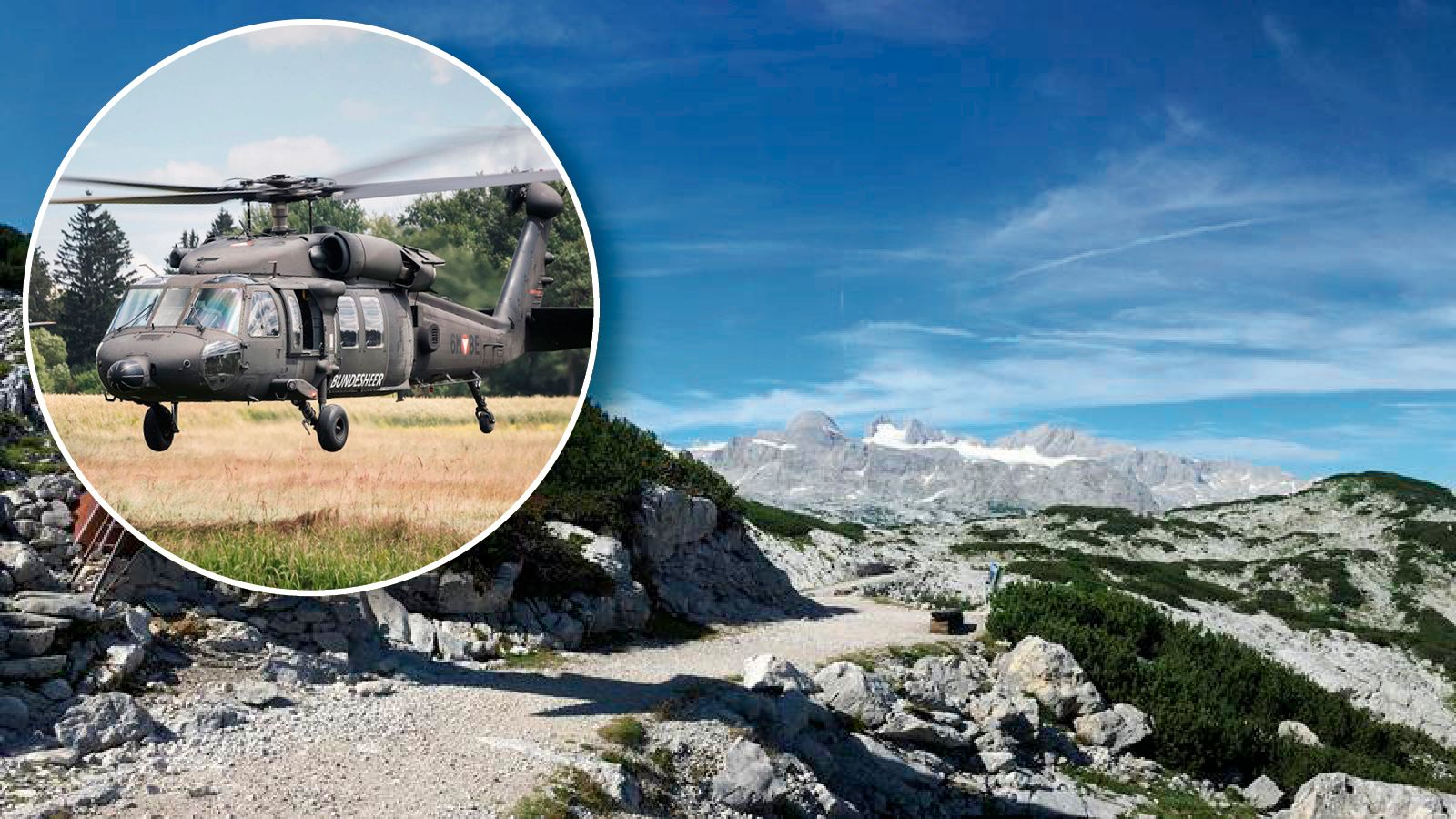 Im Dachsteingebiet ist sogar ein Militärhubschrauber im Einsatz.