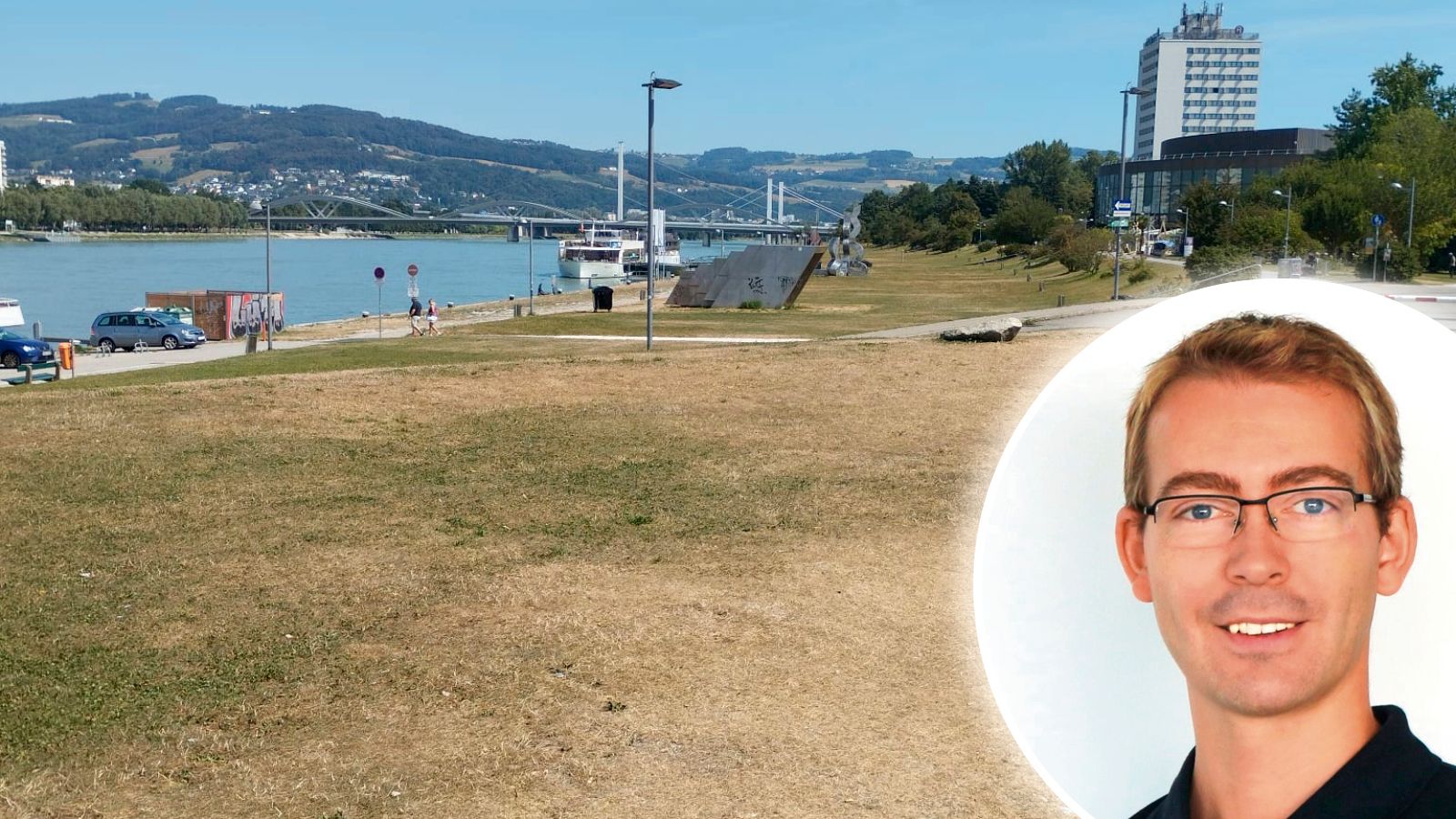 Die Folgen der Hitze sind nicht zu übersehen, wie hier an der Linzer Donaulände. Im Bild: Steffen Dietz von Ubimet