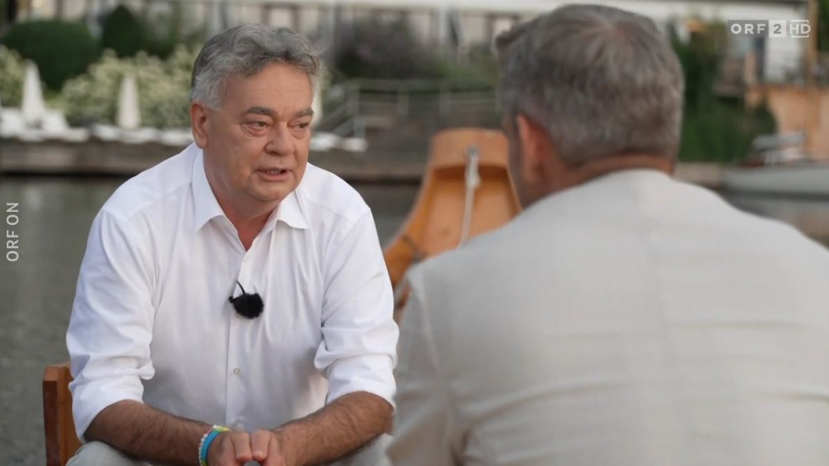 Grünen-Chef Werner Kogler und Moderator Martin Thür beim ORF-Sommergespräch 2024. 