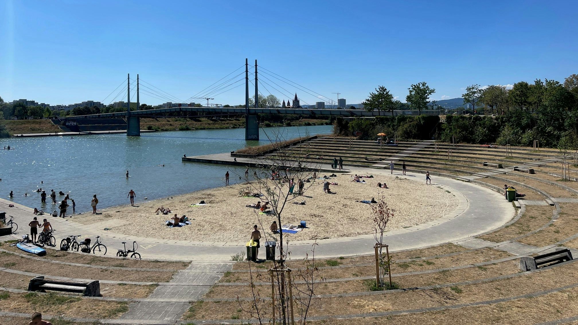 Der neue "Arena Beach" an der Neuen Donau. Im Vordergrund: zwei der "schattenspendenden" Bäume.