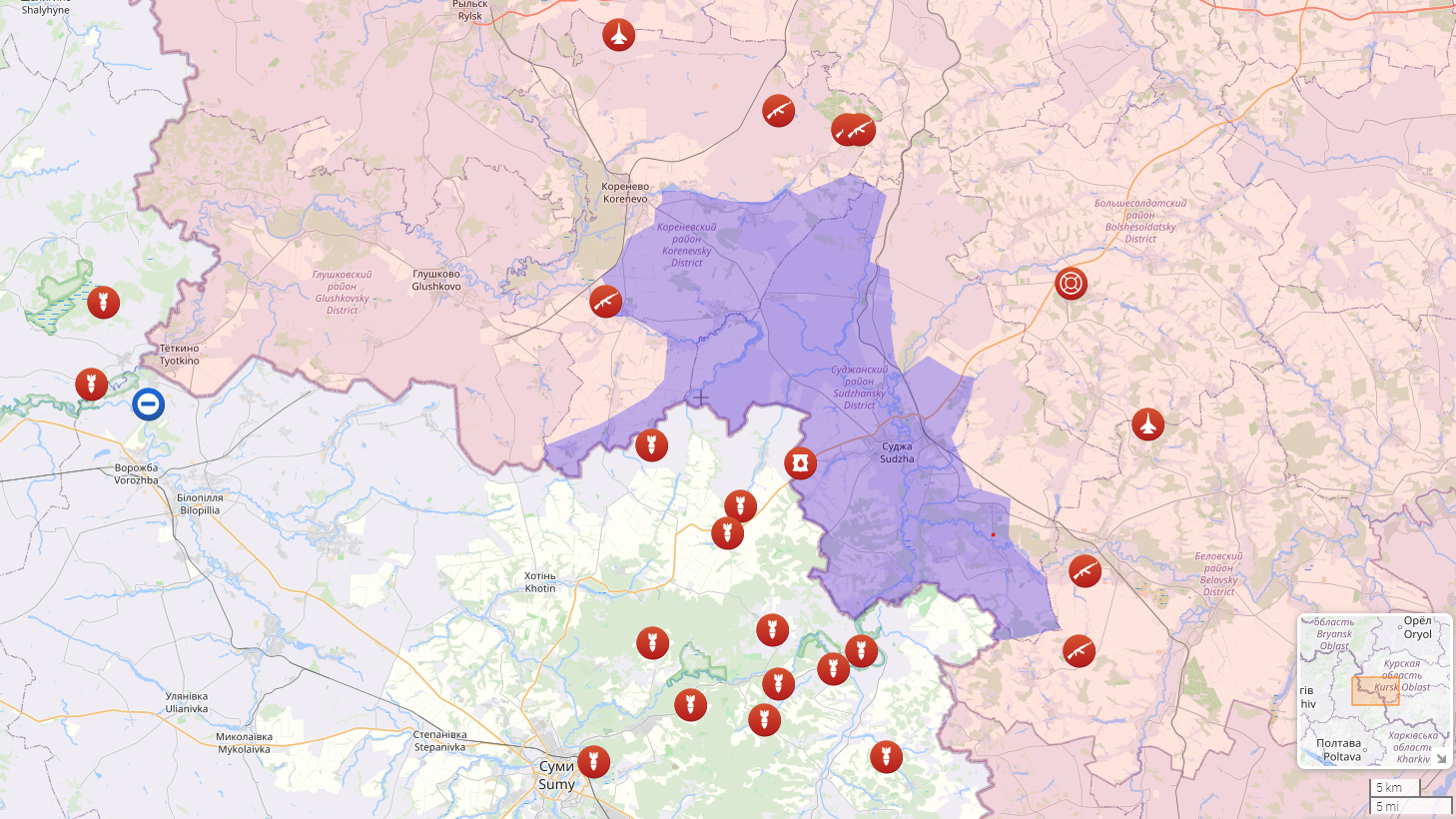 So weit sind ukrainische Truppen (blau) internationalen Schätzungen zufolge bis in russisches Territorium (rot) vorgedrungen. Stand 13. August 2024.